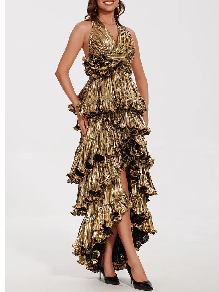 Layered frill evening dress designed for elegant movement