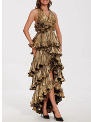 Layered frill evening dress designed for elegant movement