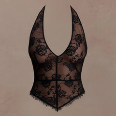 Keyhole Cutout Halter Lace Bustier Top