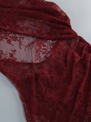 Burgundy Sheer High Neck Draped Lace Maxi Dress