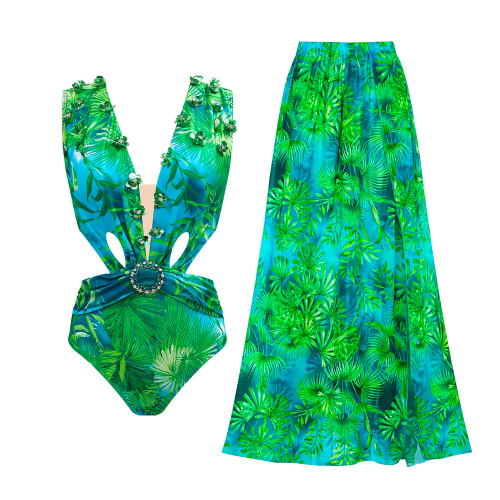 Plunged V-Neck Cut-Out One-Piece Swimsuit with Embellished Waist and Matching Tropical Print Maxi Skirt Set