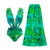 Plunged V-Neck Cut-Out One-Piece Swimsuit with Embellished Waist and Matching Tropical Print Maxi Skirt Set