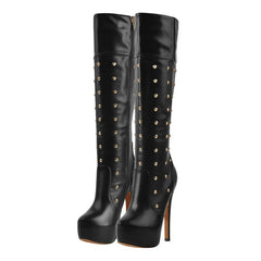 Pair of platform studded stiletto knee-high boots