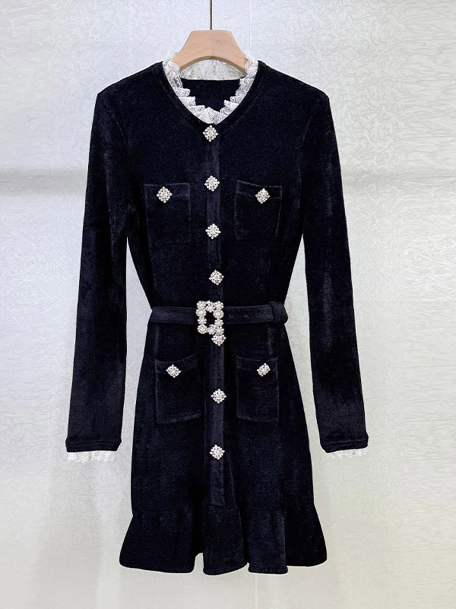 Round neck mini dress styled with lace-trim sleeves