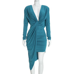 Draped Knot Deep Neck Long-Sleeve Mini Dress
