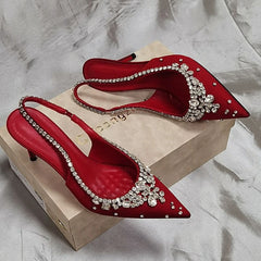 Pointed Toe Slingback Pumps with Crystal Embellishments