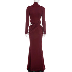 Red Turtleneck Long Sleeve Ruched Twisted Long Dress