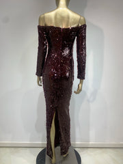 Burgundy Off Shoulder Mesh Sequin Maxi Gown