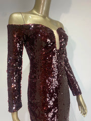 Burgundy Off Shoulder Mesh Sequin Maxi Gown