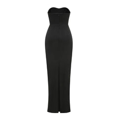 Black strapless gown on a white background