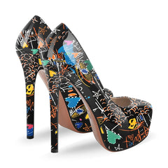 Colorful high-heeled shoes with abstract designs on a white background