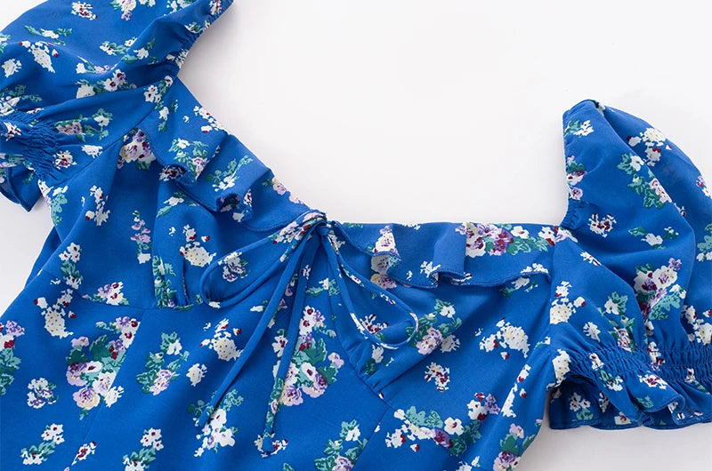 Close-up of square neckline and puff sleeve detail on floral midi dress