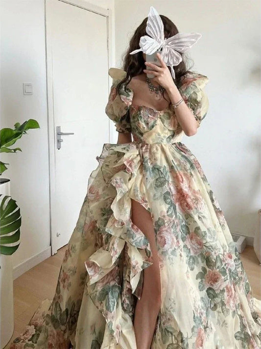 Women Puff Sleeve Printed Irregular Prom Dress