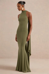 Halter Neck Cape Drape Mermaid Maxi Dress