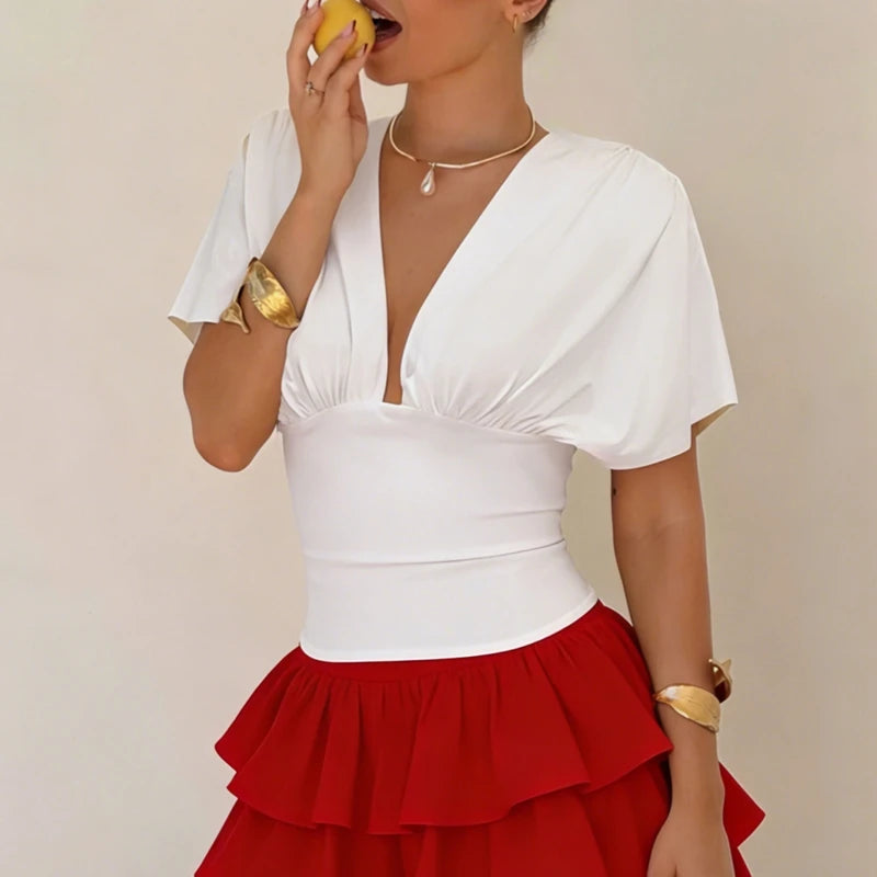 White deep V-neck batwing sleeve crop top