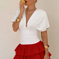 White deep V-neck batwing sleeve crop top