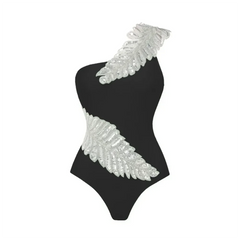 Black one-shoulder swimsuit with feather sequin embellishment