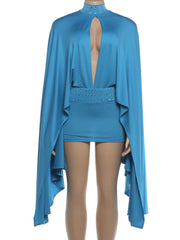 Blue Turtleneck Batwing Sleeve Mini Dress