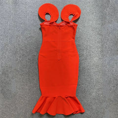 Red dress with unique cutout shoulders on a gray background