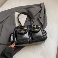 Microfiber Leather Vintage Pocket Satchel – Black & Burgundy