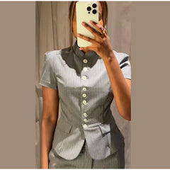 Short Sleeve Pinstripe Fitted Blazer and Wide Leg Pants Two-Piece Set