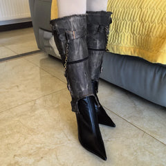 Pointed Belt Buckle Western Metal Chain Detachable Boots