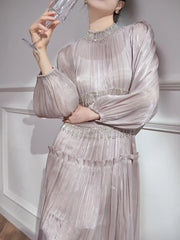 High Neck Pleated Midi Dress with Beaded Waist Detail