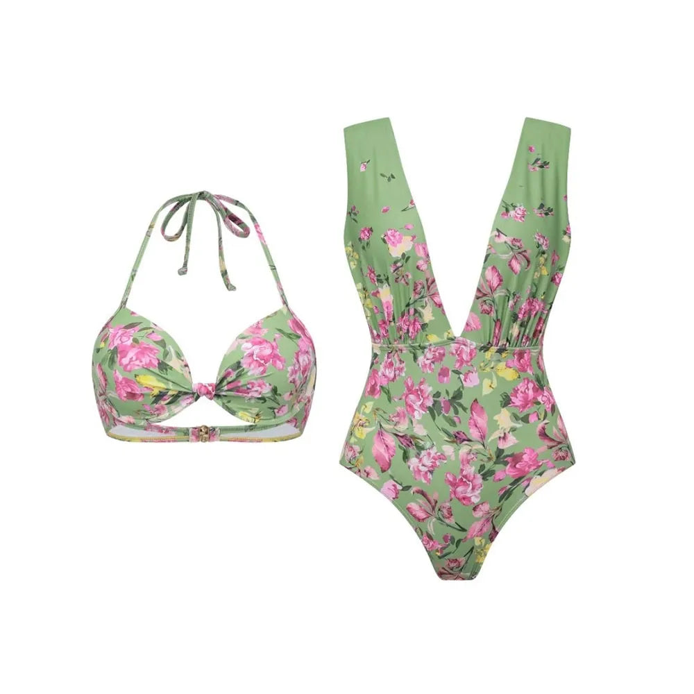 Green floral print halter bikini top and V-neck bodysuit