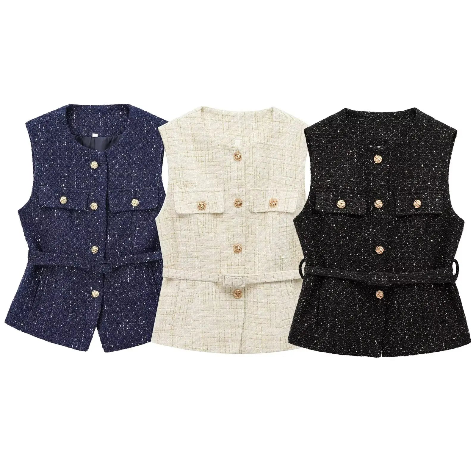 Three vests in blue, white, and black on a white background