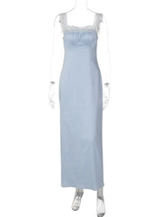 Lace Trim Square Neck Satin Maxi Dress