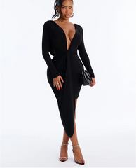 Draped Knot Deep Neck Long-Sleeve Mini Dress