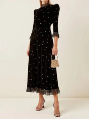 Black Velvet Crystal Ruffles A-Line Long Dress