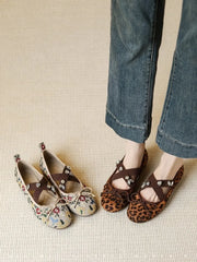 Embroidered Floral & Leopard Print Mary Jane Flats
