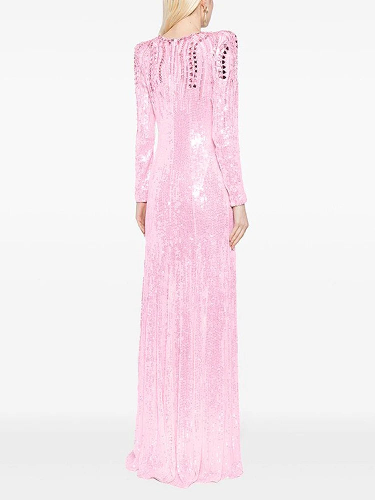 O-Neck Sequin Embellished Long Sleeve Maxi Dress Back View