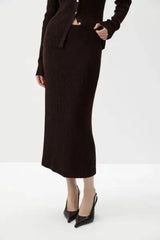Ribbed Polo Knit Top and Midi Skirt Set
