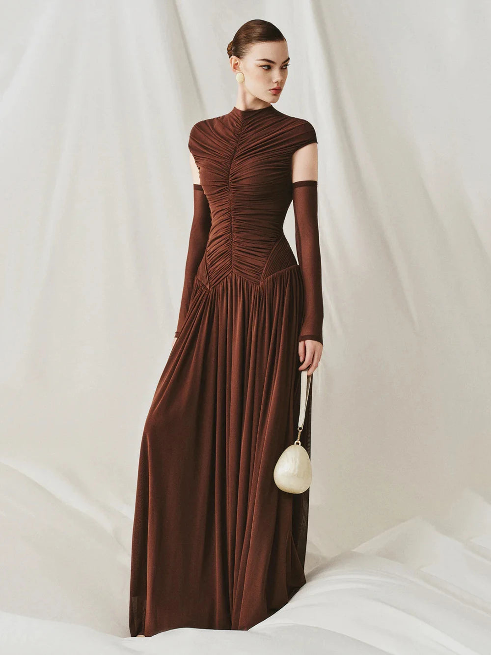 Brown ruched mock neck maxi dress with long sleeves