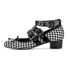 Gingham buckle strap block heel pumps profile view