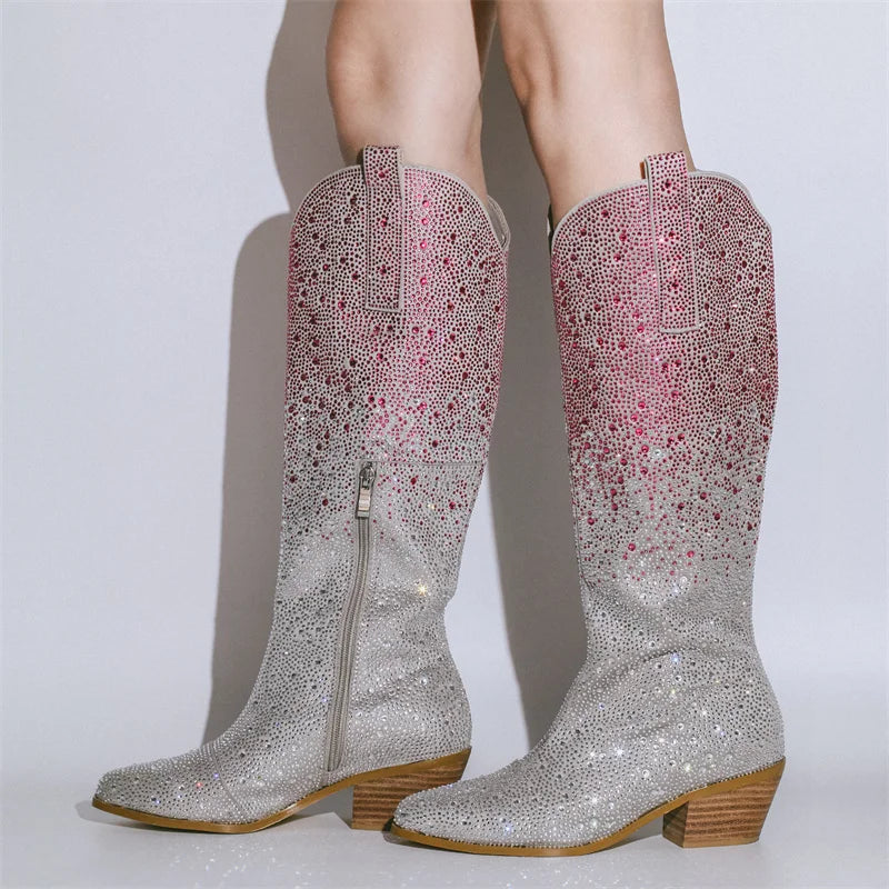 Silver glittery cowboy boots with wooden soles on a white background