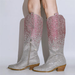 Silver glittery cowboy boots with wooden soles on a white background