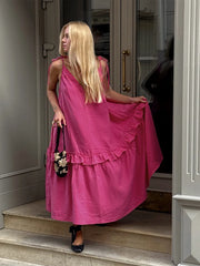 Pink Spaghetti Strap Ruffled Flowy Maxi Dress