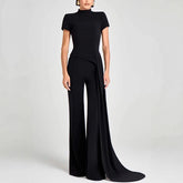 Black jumpsuit worn by a model - front