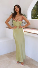Floral Embroidered Satin Slip Dress with Spaghetti Straps