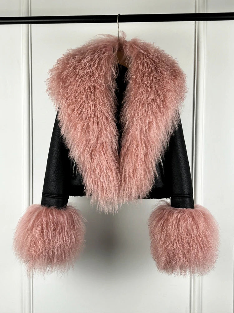 Pink faux fur collar and cuff moto jacket
