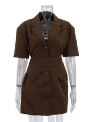 Waistband Button Short Sleeve Mini Dress