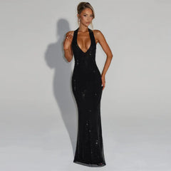 Deep V-Neck Sequin Fishtail Dress – Sleeveless Backless Beach Party Gown