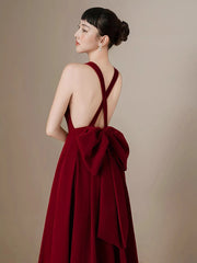Burgundy Bow Backless Hollow Out A-Line Dress | O Neck Evening Gown