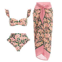 Floral print bikini top and high-waisted bottoms with matching beach skirt