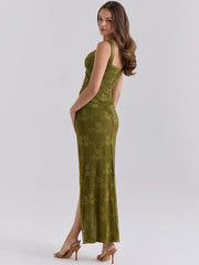 Green Floral Wide Strap High Slit Maxi Dress
