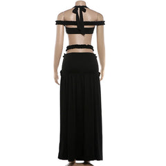 Halter Ruffle Crop Top and Cutout Maxi Skirt