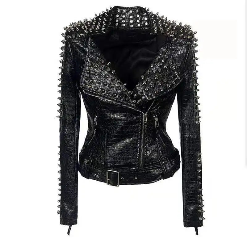Black leather jacket with studs on a white background
